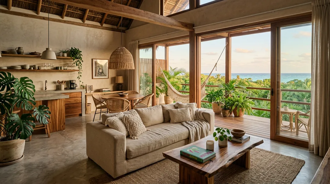 A furnished apartment and an empty one are two different tax bills in Tulum Airy living room with beige sofa, wooden furniture, and large glass doors opening to a terrace overlooking tropical landscape and ocean