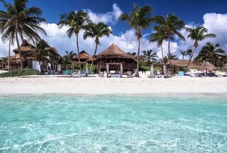 Beach resort with thatched-roof structures and palm trees along white sand and turquoise water Beach resort with thatched-roof structures and palm trees along white sand and turquoise water