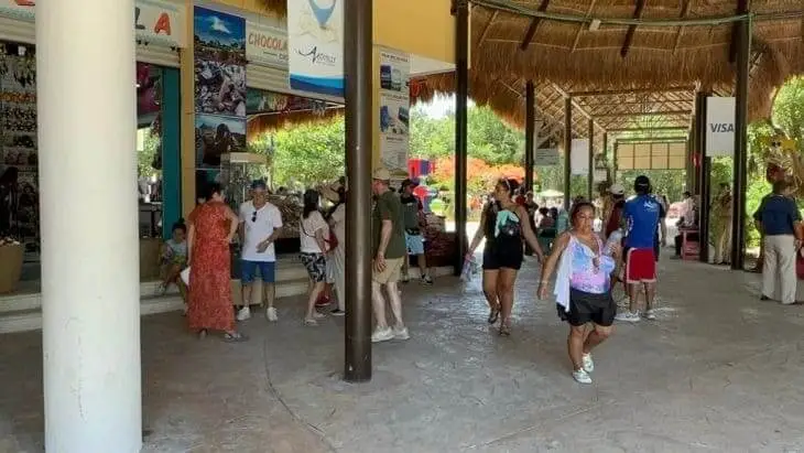 Visitors walk through a covered structure with thatched roof and wooden posts at an archaeological site, with informational posters on walls and green vegetatio