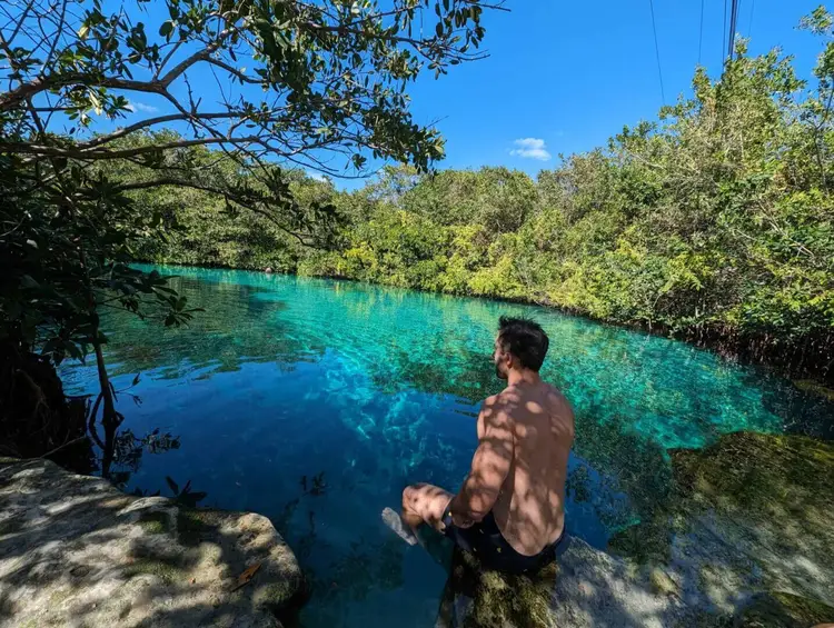 Shirtless man sitting on a rock overlooking a turquoise cenote surrounded by dense green vegetation and mangroves Shirtless man sitting on a rock overlooking a turquoise cenote surrounded by dense green vegetation and mangroves