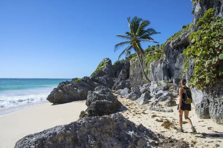 A person walks along a sandy beach bordered by rocky limestone cliffs, with a palm tree and clear ocean water visible