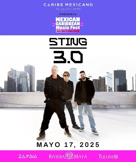 Three men in dark clothing stand on a rooftop with a city skyline behind them for a music festival concert poster