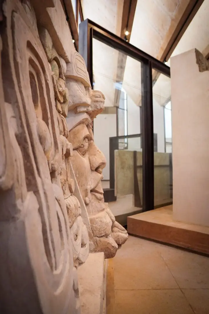 Stone carved relief depicting a face in profile displayed inside a museum gallery with glass display cases visible in the background