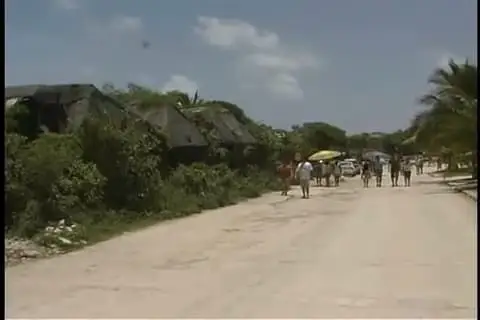 People walk along a sandy road lined with vegetation and ruins near tropical plants