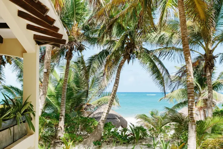 Beachfront property with cream-colored architecture and wooden beams framed by palm trees overlooking turquoise ocean water Beachfront property with cream-colored architecture and wooden beams framed by palm trees overlooking turquoise ocean water
