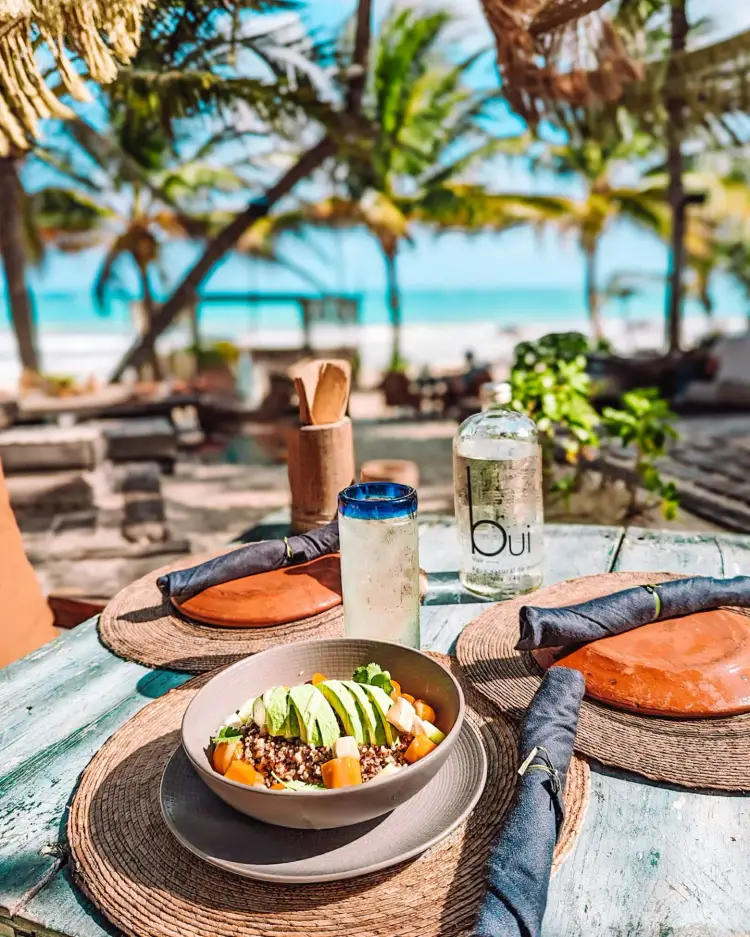 A bowl of food with avocado and vegetables sits on a table by the beach under palm trees, with water bottles and place settings nearby A bowl of food with avocado and vegetables sits on a table by the beach under palm trees, with water bottles and place settings nearby