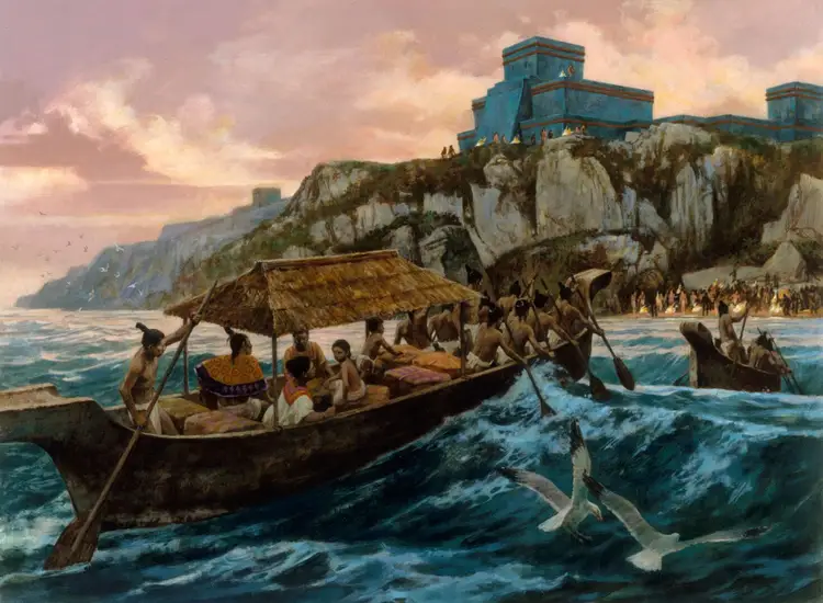 A boat filled with people navigates coastal waters near a cliffside settlement with blue structures and fortifications overlooking the shore A boat filled with people navigates coastal waters near a cliffside settlement with blue structures and fortifications overlooking the shore