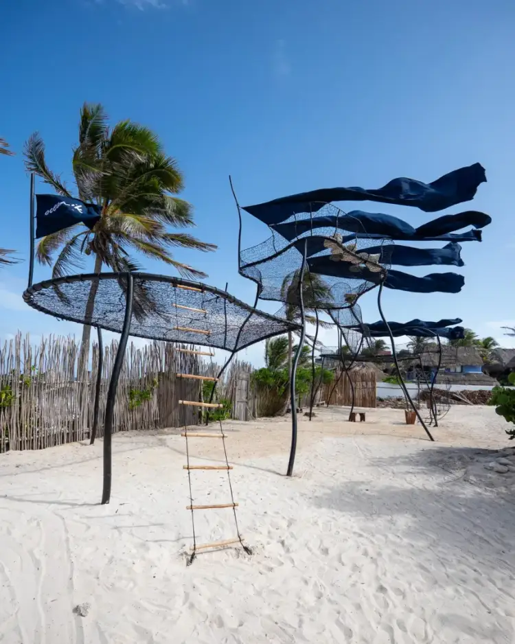 Metal fitness equipment with climbing net and rope ladder stands on a sandy beach next to a palm tree under clear blue sky