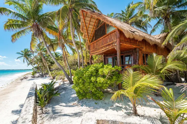Wooden beach bungalow with thatched roof surrounded by palm trees on a sandy shore with turquoise water