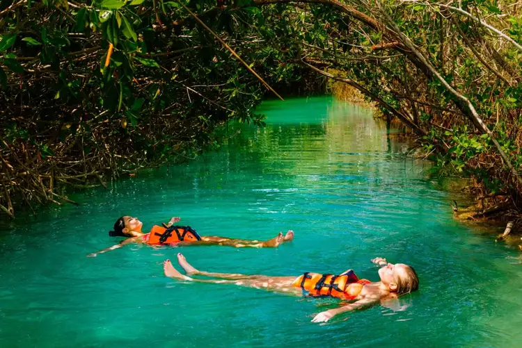 Two people float on their backs in bright turquoise water surrounded by dense green vegetation and mangrove branches