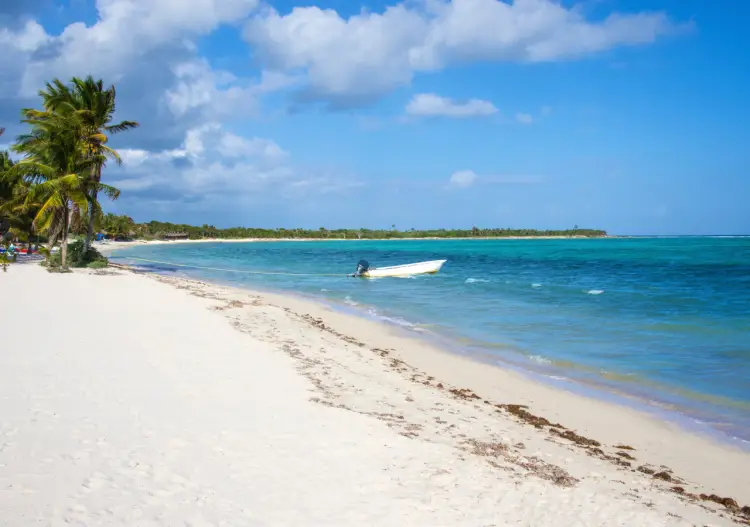 White sandy beach with palm trees and a small boat in turquoise water under blue sky with clouds