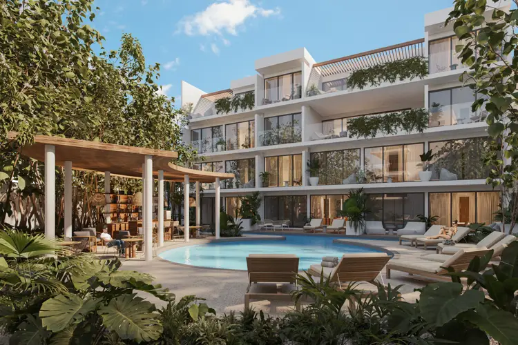 Modern residential building with multiple stories surrounds a courtyard featuring a swimming pool, lounge chairs, and landscaped gardens with tropical plants Modern residential building with multiple stories surrounds a courtyard featuring a swimming pool, lounge chairs, and landscaped gardens with tropical plants