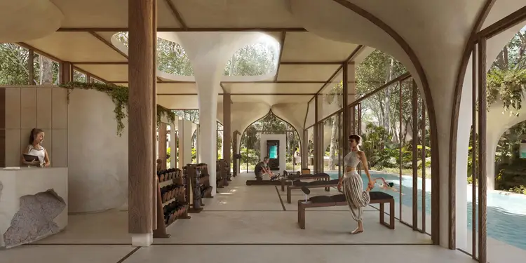 Architectural rendering of an open-air residential space with wooden columns, concrete walls, and arched doorways overlooking trees and water