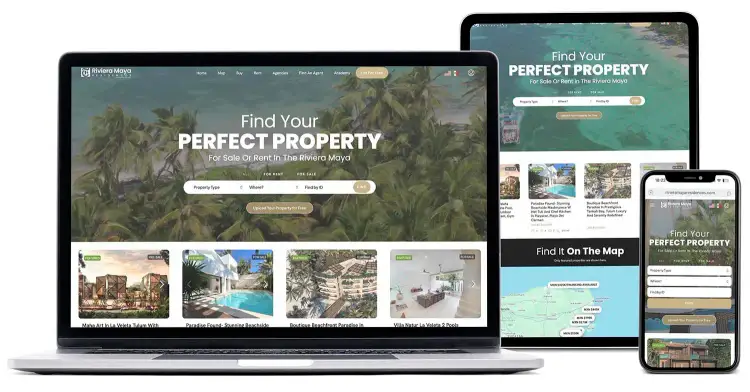 Real estate website interface displayed across laptop, tablet and smartphone screens showing property listings and a tropical beachfront background Real estate website interface displayed across laptop, tablet and smartphone screens showing property listings and a tropical beachfront background