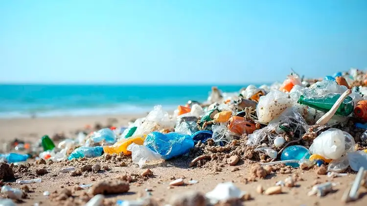 Pile of plastic waste and debris scattered across beach sand with ocean and sky in background
