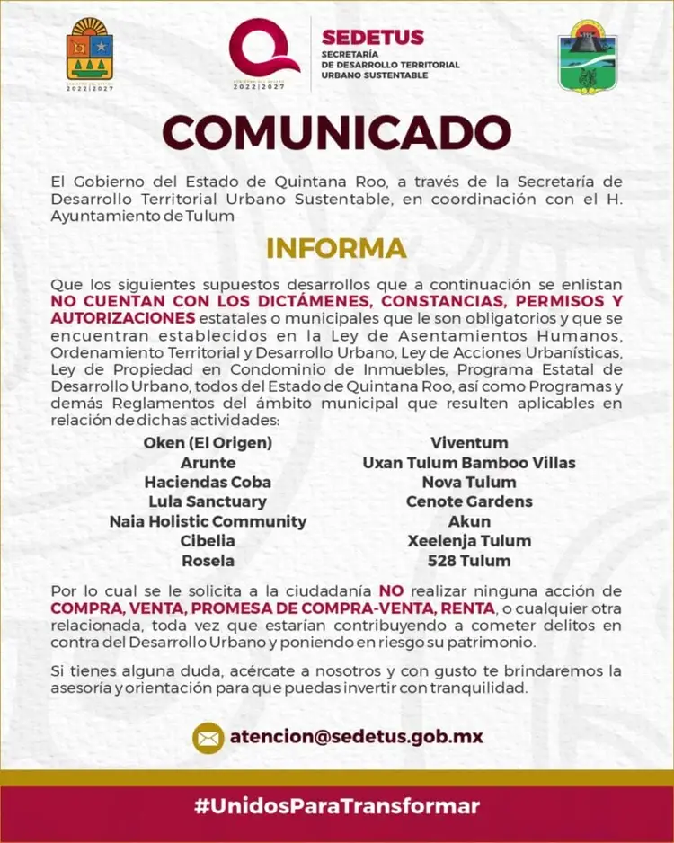 Screenshot of an official government communication from Quintana Roo's territorial development agency listing developments that lack required permits and author