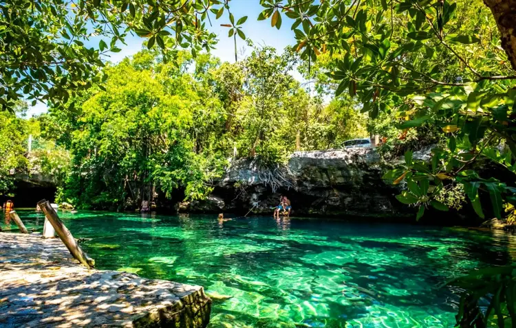 Turquoise lagoon surrounded by dense green vegetation and limestone formations with people swimming in the clear water