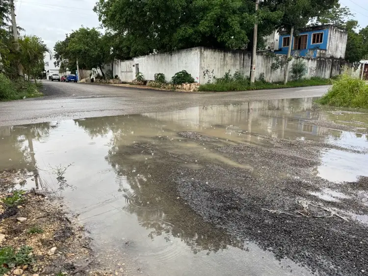 A large puddle of standing water floods a residential street lined with modest houses and trees, with a blue structure visible behind a concrete wall A large puddle of standing water floods a residential street lined with modest houses and trees, with a blue structure visible behind a concrete wall