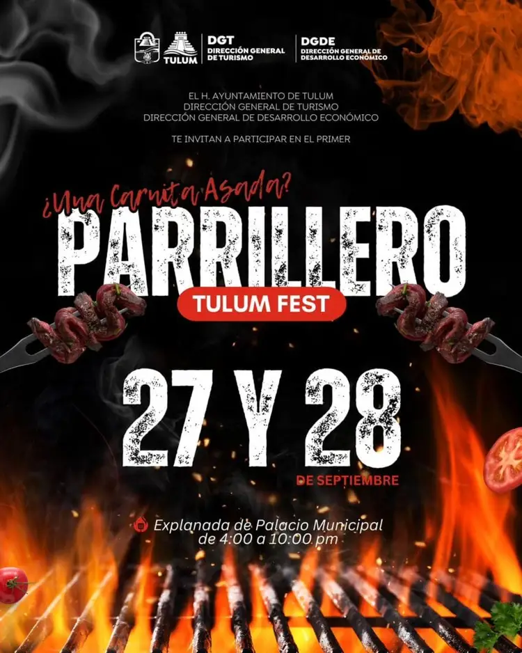 Promotional poster for a grilled meat festival featuring flames, skewered meat on forks, and event details against a black background Promotional poster for a grilled meat festival featuring flames, skewered meat on forks, and event details against a black background