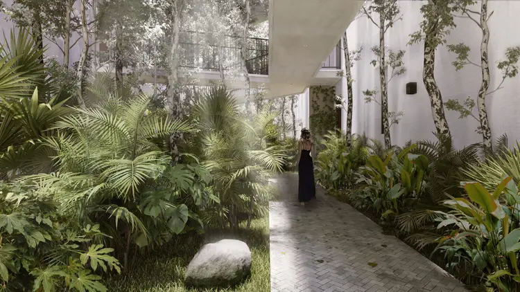 Person in black clothing walking through an indoor courtyard with tropical plants, tall trees, and white walls Person in black clothing walking through an indoor courtyard with tropical plants, tall trees, and white walls
