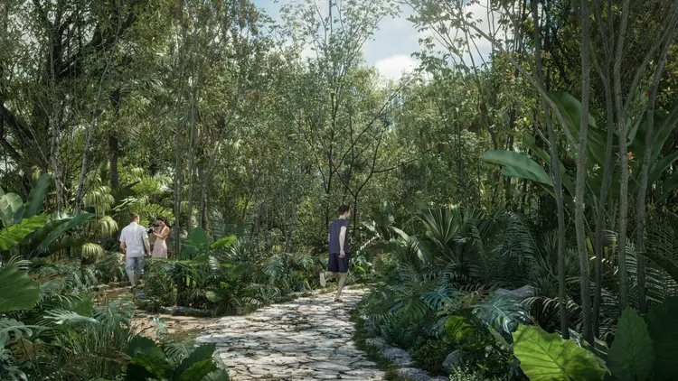 Visitors walk along a shaded stone pathway through a lush tropical garden with tall trees and dense vegetation on either side