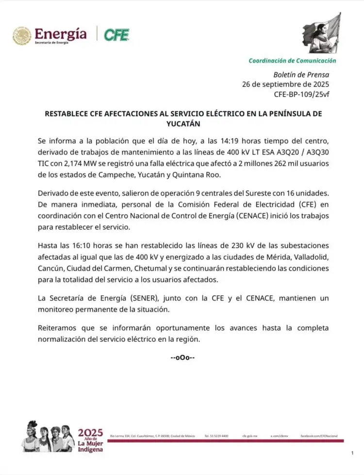 Spanish-language press release from Mexico's Energy Secretary and CFE announcing restoration of electrical service following a power outage in the Yucatán Penin