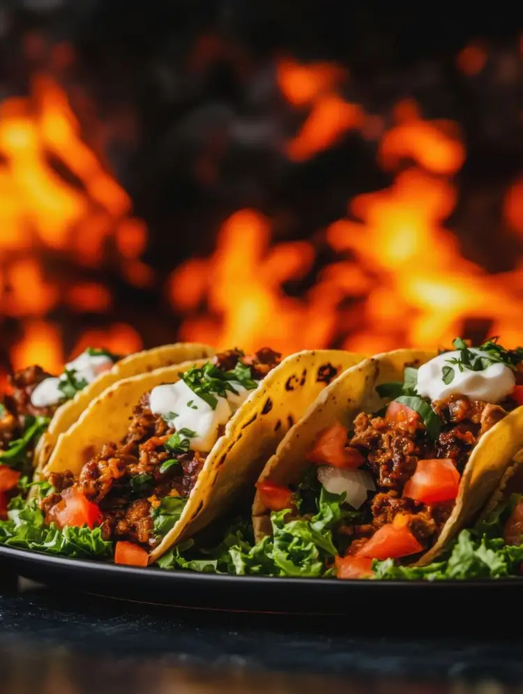 Tacos filled with seasoned meat, lettuce, tomatoes and sour cream sit on a plate with flames blurred in the background Tacos filled with seasoned meat, lettuce, tomatoes and sour cream sit on a plate with flames blurred in the background