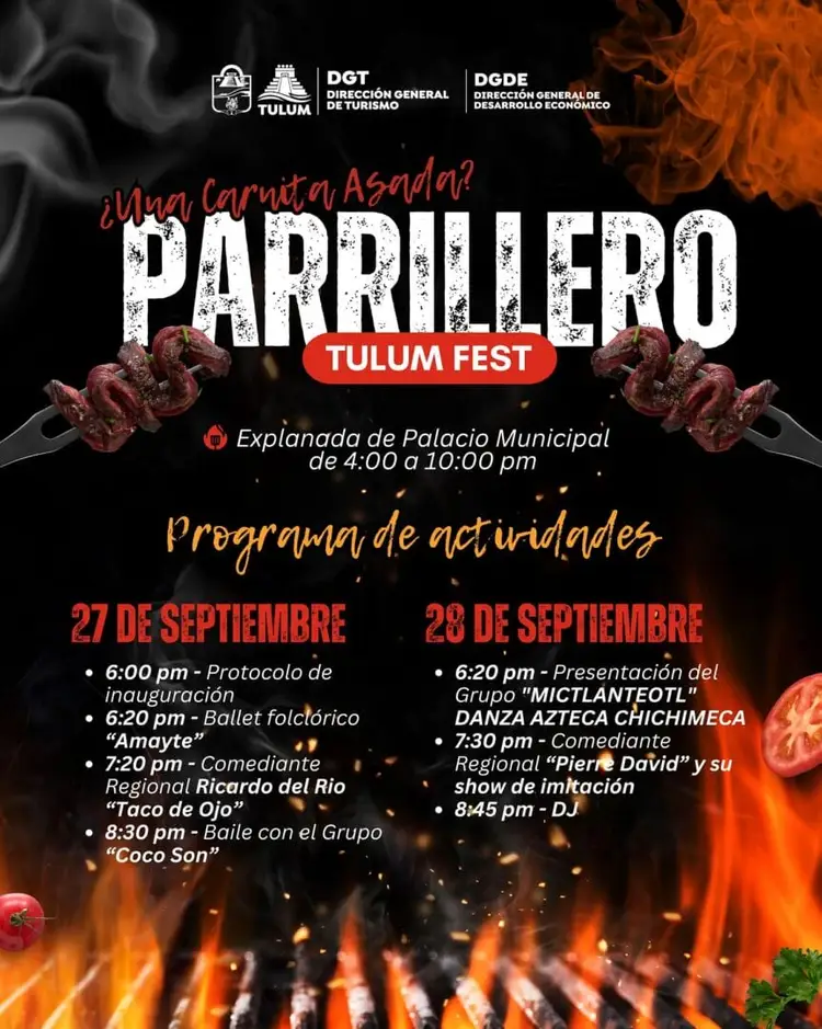 Promotional poster for Tulum Fest grilling event featuring flames, skewered meat, and schedule of performances and activities at Municipal Palace Promotional poster for Tulum Fest grilling event featuring flames, skewered meat, and schedule of performances and activities at Municipal Palace