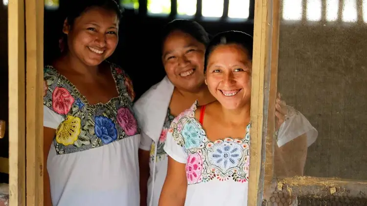 Three young women smile while standing in a doorway with a screened door behind them Three young women smile while standing in a doorway with a screened door behind them