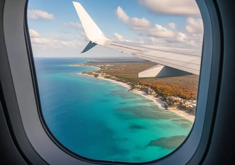 View from an airplane window showing a wing and turquoise coastal waters with a forested shoreline below