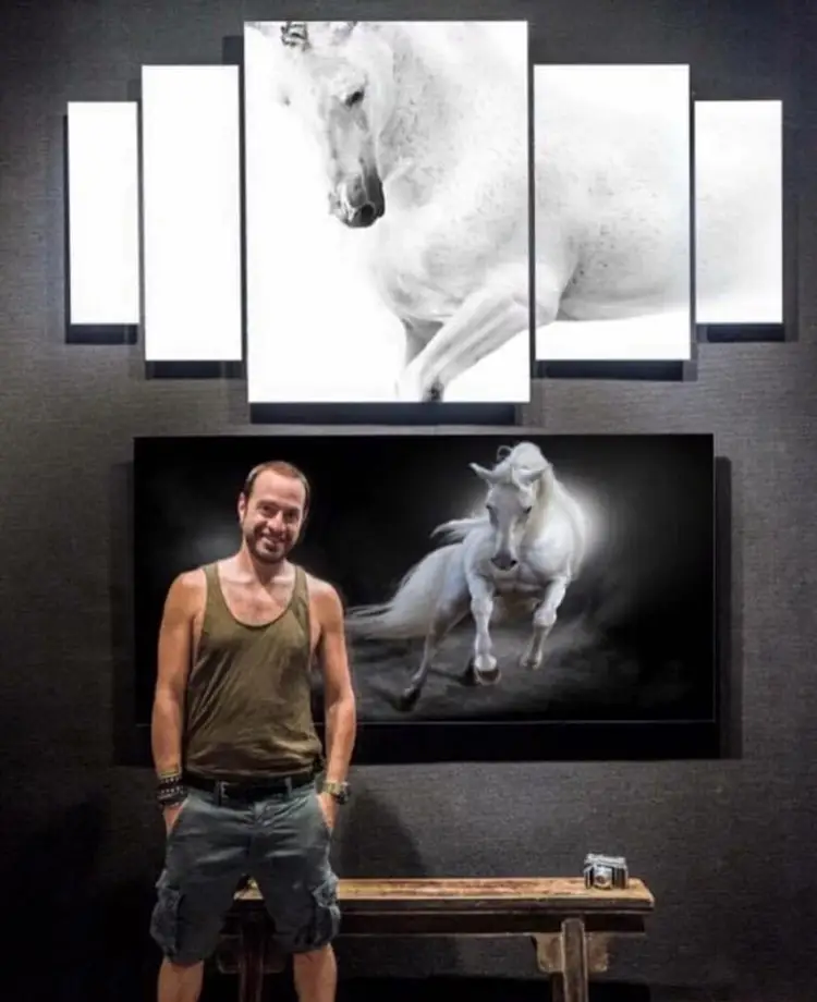 Man standing in front of wall displaying large photographs of white horses Man standing in front of wall displaying large photographs of white horses