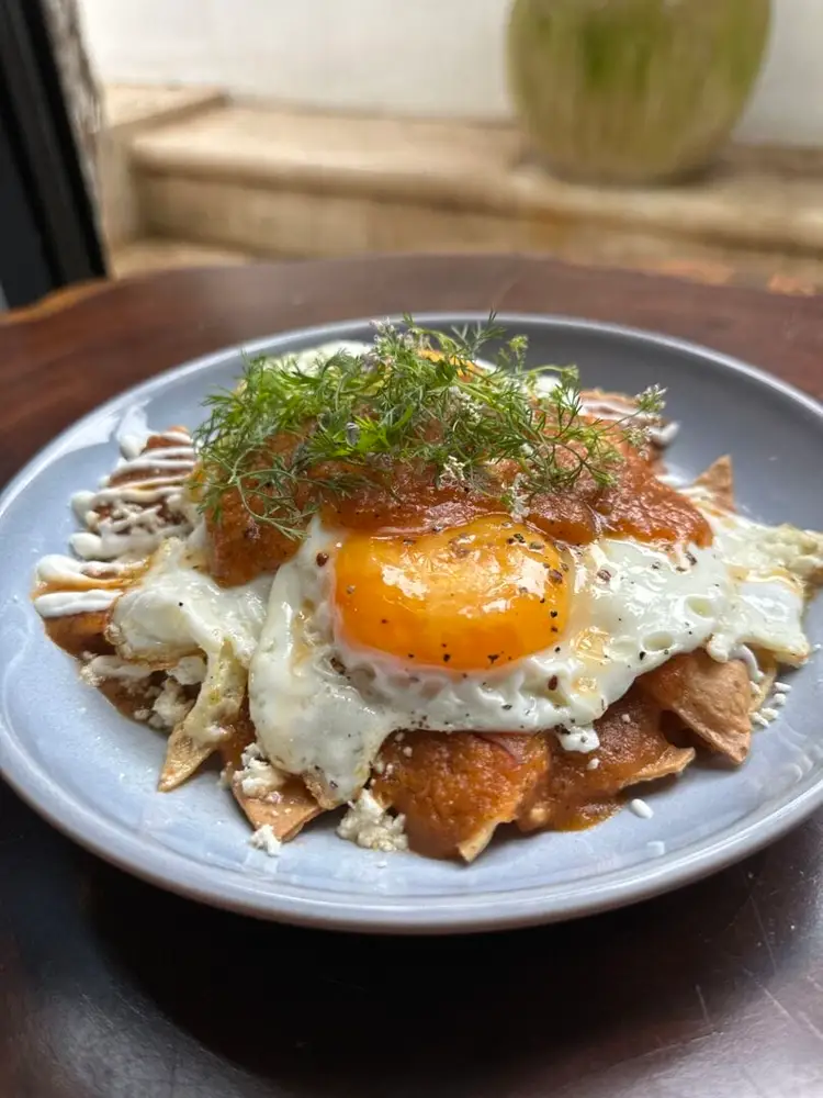 Fried tortilla topped with melted cheese, a runny egg, cured meat, and fresh herbs sits on a gray plate Fried tortilla topped with melted cheese, a runny egg, cured meat, and fresh herbs sits on a gray plate