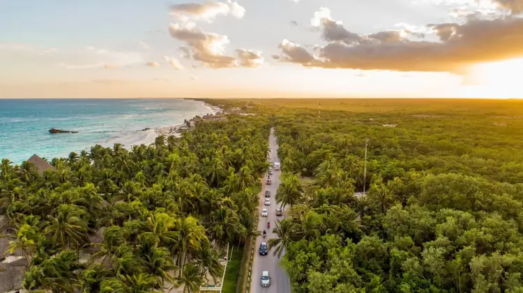 Aerial view of a coastal road cutting through dense tropical forest toward the ocean at sunset, with vehicles visible on the pavement below Aerial view of a coastal road cutting through dense tropical forest toward the ocean at sunset, with vehicles visible on the pavement below