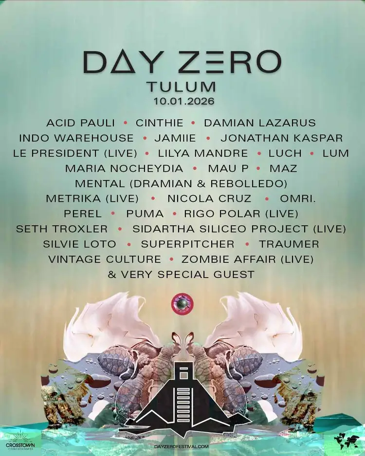 Poster for Day Zero electronic music festival in Tulum on October 1, 2026, featuring a surreal landscape with crabs, shells and a pyramid structure against a tu