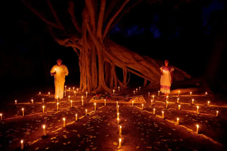 Two people in yellow robes stand beside a large twisted tree surrounded by lit candles at night