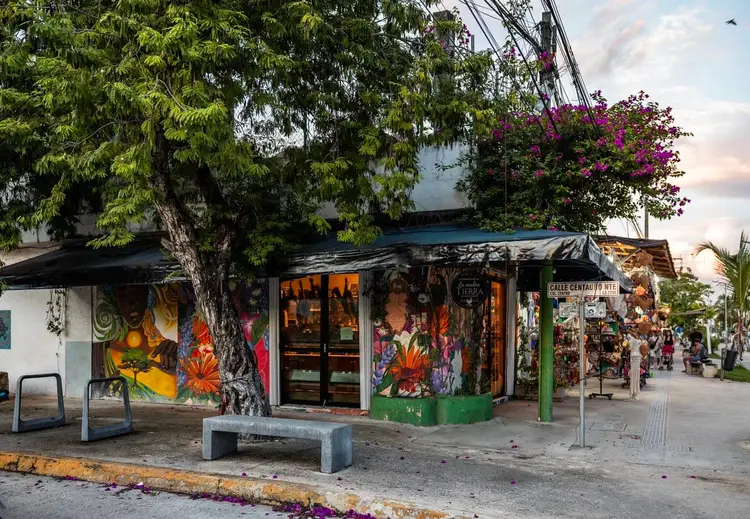 Colorful storefronts with floral murals line a pedestrian street lined with trees and flowering vines Colorful storefronts with floral murals line a pedestrian street lined with trees and flowering vines