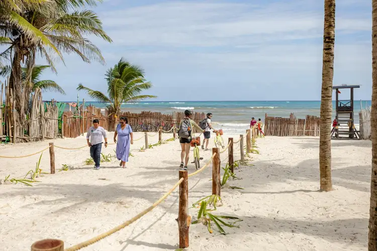 Visitors walk among wooden posts and rope barriers on a sandy beach lined with palm trees and the ocean beyond Visitors walk among wooden posts and rope barriers on a sandy beach lined with palm trees and the ocean beyond