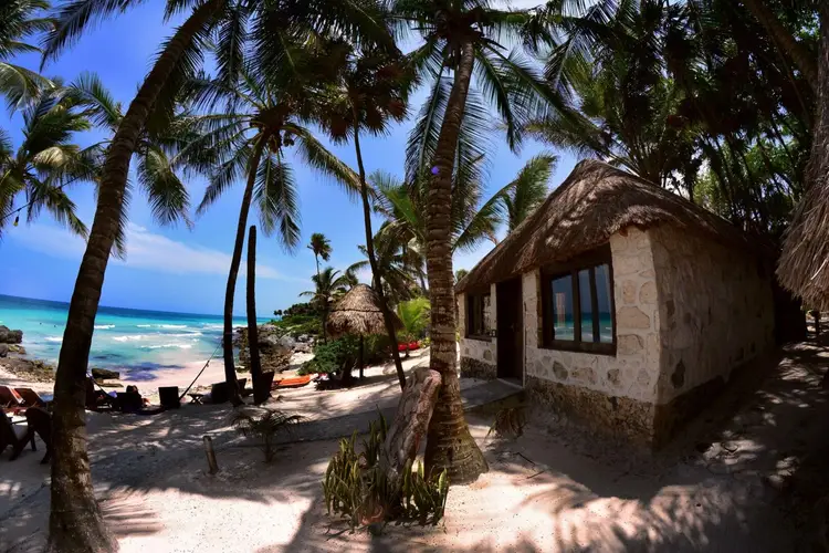 A stone bungalow sits on a sandy beach surrounded by palm trees, with turquoise ocean water visible in the background A stone bungalow sits on a sandy beach surrounded by palm trees, with turquoise ocean water visible in the background