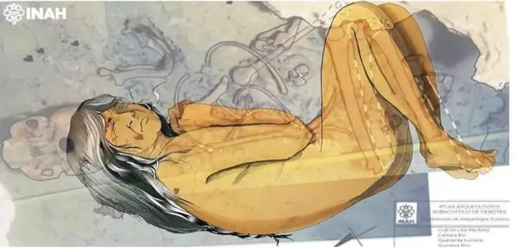 Artistic rendering of a reclining figure in yellow tones overlaid on archaeological drawings and maps