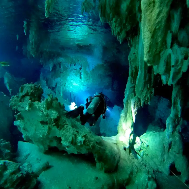 A scuba diver explores the interior of an underwater cave surrounded by rocky formations and blue-green water