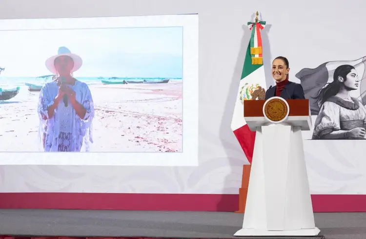 Man in dark suit stands at podium with Mexican flag behind him, addressing audience with beach photograph displayed on screen to his left Man in dark suit stands at podium with Mexican flag behind him, addressing audience with beach photograph displayed on screen to his left