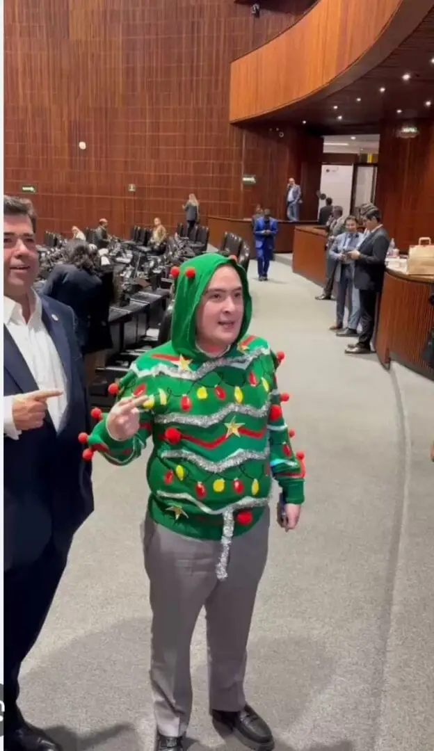 Woman in a green Christmas tree costume with red and yellow ornaments stands in a wood-paneled government chamber with officials and seated attendees in the bac