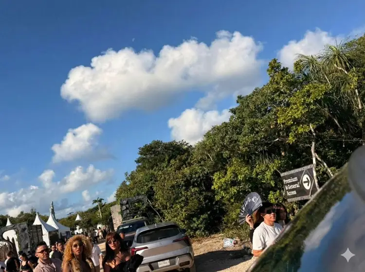 Crowd of people gathered near parked cars along a tree-lined road under blue sky with white clouds Crowd of people gathered near parked cars along a tree-lined road under blue sky with white clouds