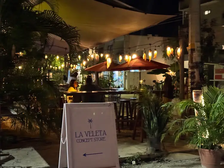 Outdoor patio dining area at night with string lights, umbrellas, and potted plants surrounding tables where people are seated