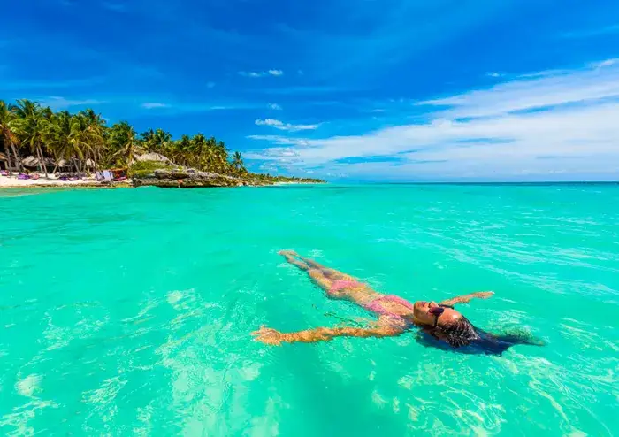 Person snorkeling face-down in turquoise water near a tropical beach with palm trees