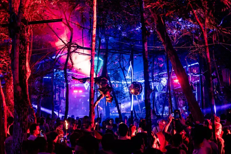 Crowd of people gathered among illuminated trees at a nighttime outdoor music event with red and blue lighting and a city skyline visible in the background Crowd of people gathered among illuminated trees at a nighttime outdoor music event with red and blue lighting and a city skyline visible in the background