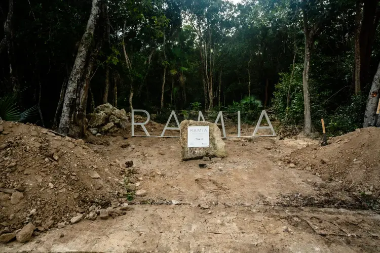 Large white letters spelling a project name sit on bare earth surrounded by tall trees in a forest clearing