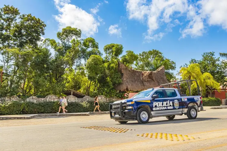 Police pickup truck parked on a paved road with thatched-roof buildings and trees visible in the background