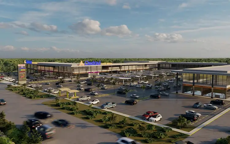 Aerial rendering of a modern mixed-use commercial development with multiple buildings, parking lots, and landscaping under a partly cloudy sky Aerial rendering of a modern mixed-use commercial development with multiple buildings, parking lots, and landscaping under a partly cloudy sky