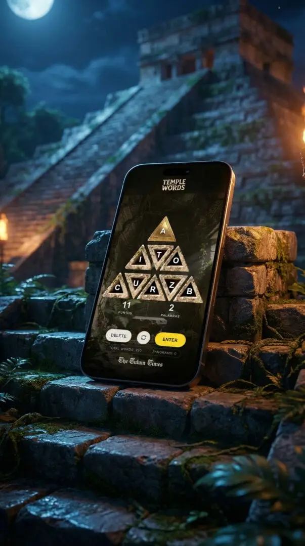A smartphone displaying a word puzzle game rests on moss-covered stone blocks with an ancient temple structure illuminated behind it under moonlight